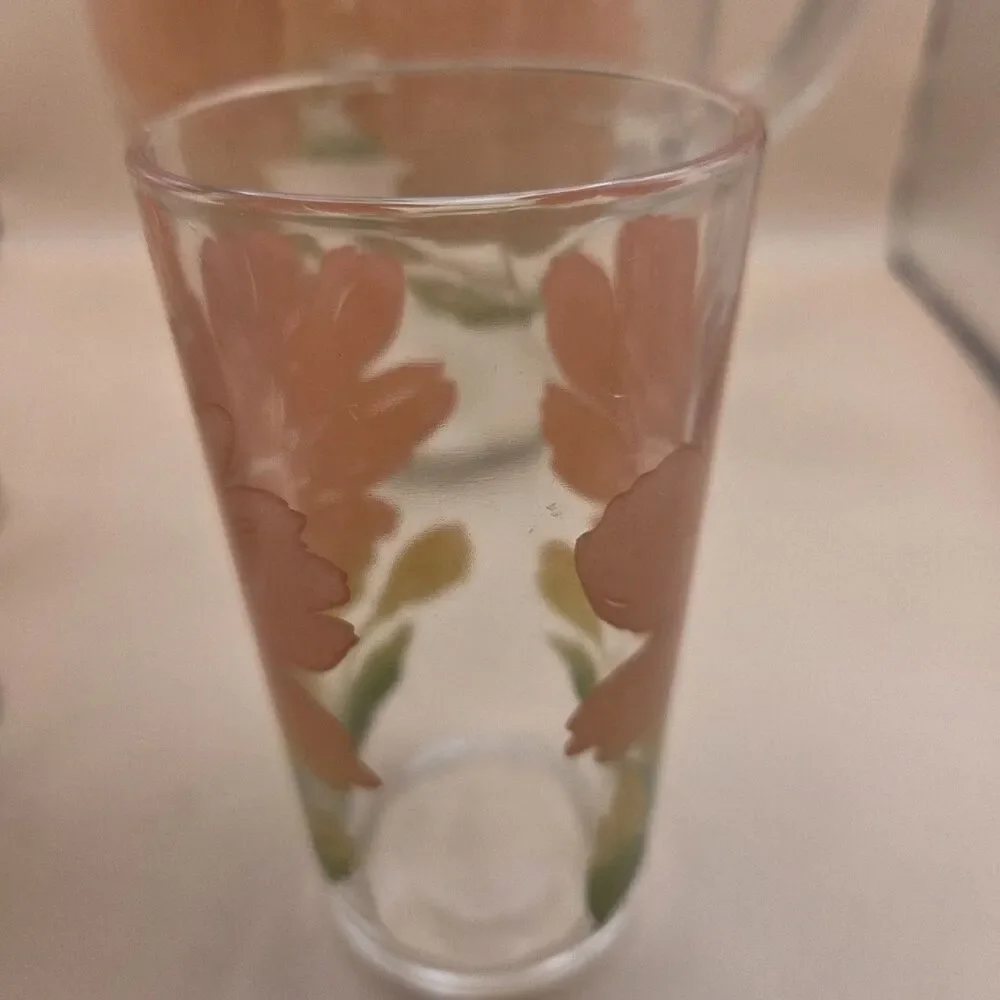 Clear Glass 1 Qt Pitcher & 3 Tumblers 4pc Set Orange Green Floral MCM Decor